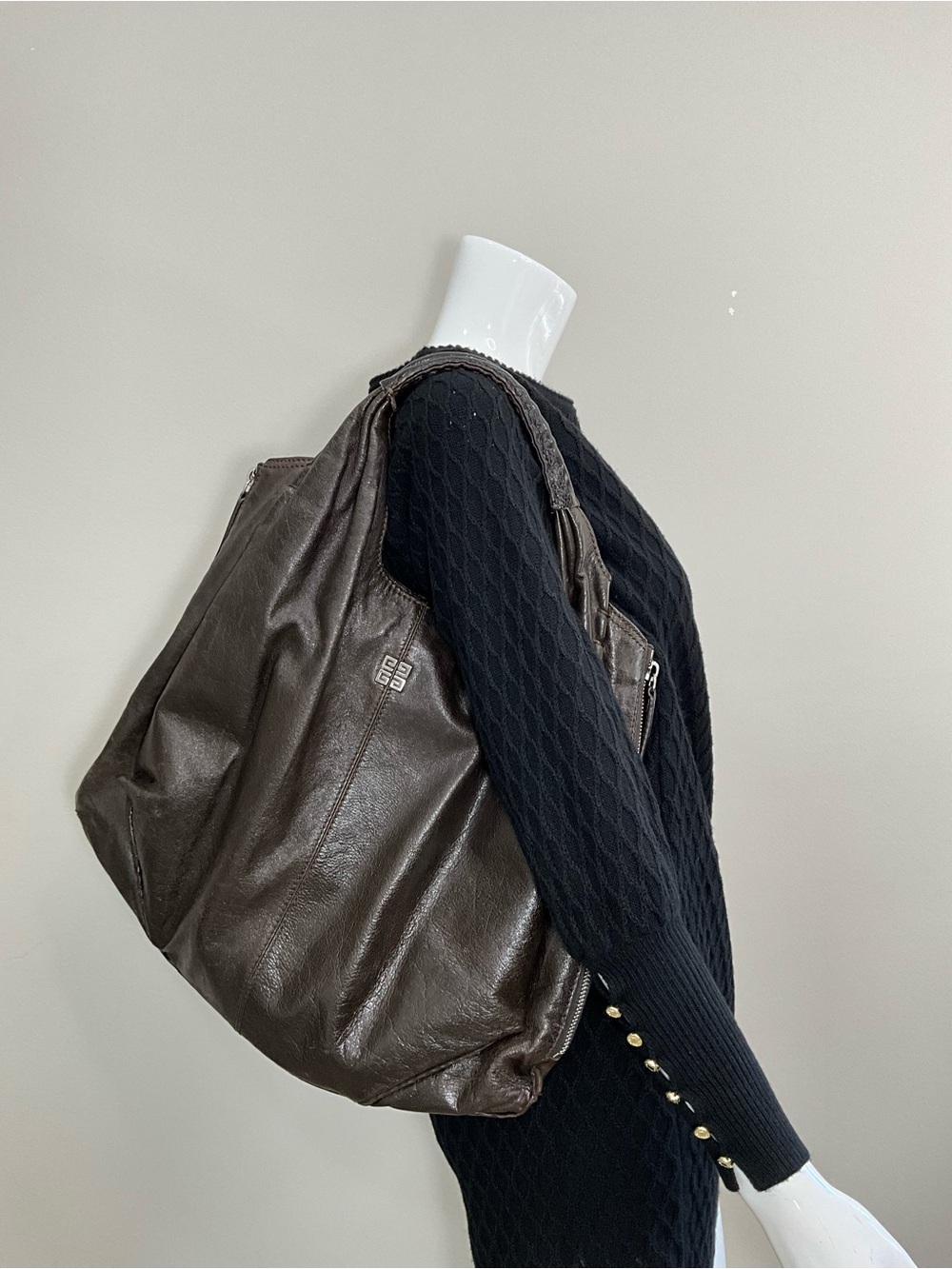 GIVENCHY Vintage Elschia Billy Sac Brown Leather Large Hobo Shoulder Tote Bag